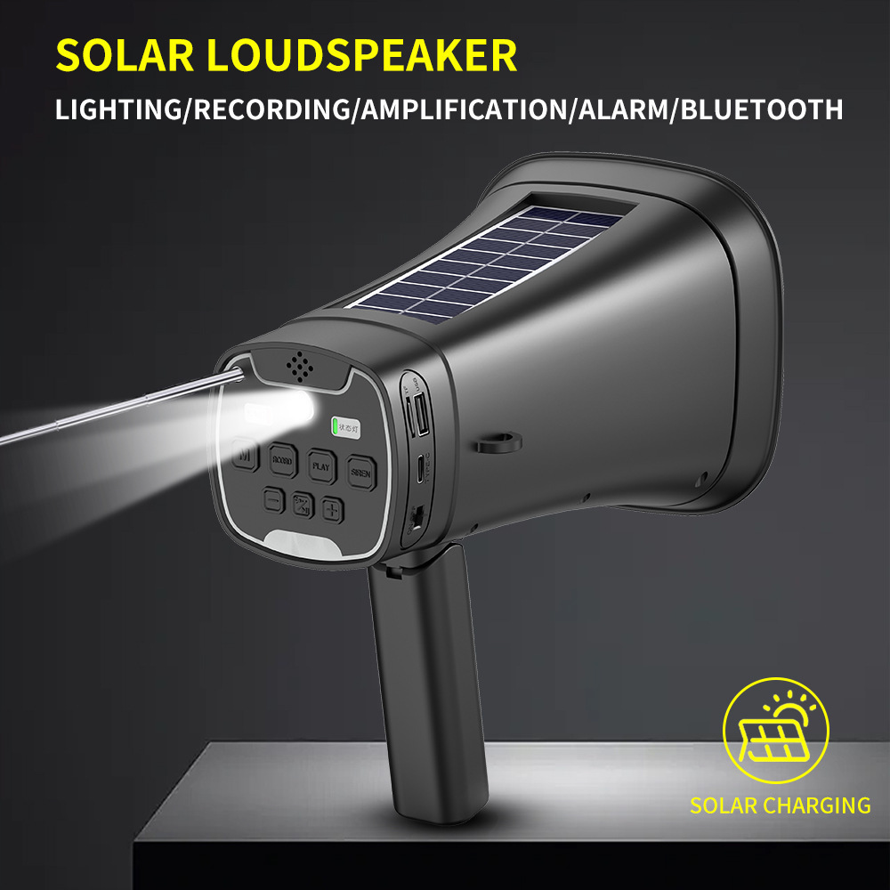 Multi-functional Handheld Loudspeaker Solar Charging BT 5.3 Wireless Street Megaphone Loudspeaker With Flashlight