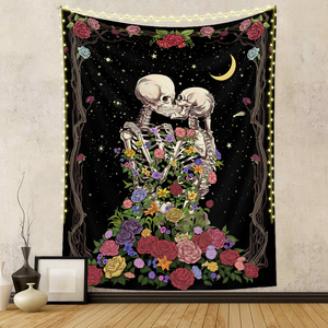 Skull Cartoon Tapestry The Kissing Lovers Custom Made Tapestry Black Tarot Human Skeleton Tapestry for Room