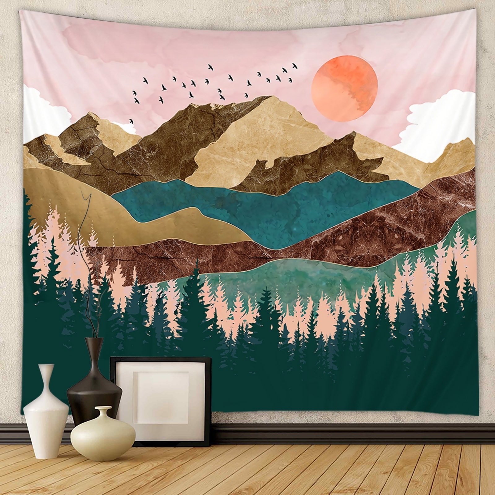 Fabric Mountain Tapestry Forest Tree Sunset Nature Landscape Wall Hanging for Room Christmas Presents Gifts OEM & ODM Supporteds