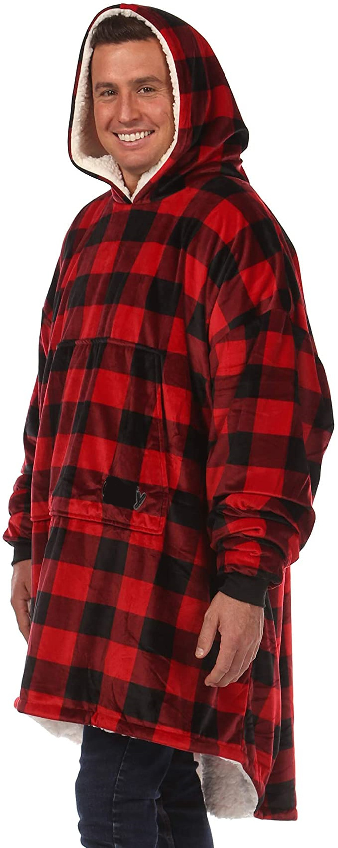 Red Plaid Hoodie Outdoor Warm Sweatshirt Ultra Plush Blanket Microfiber Fleece Sherpa Sleeves Soft Christmas Wearable Blanket