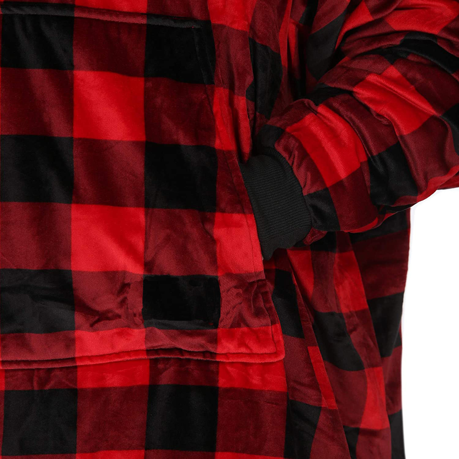 Red Plaid Hoodie Outdoor Warm Sweatshirt Ultra Plush Blanket Microfiber Fleece Sherpa Sleeves Soft Christmas Wearable Blanket