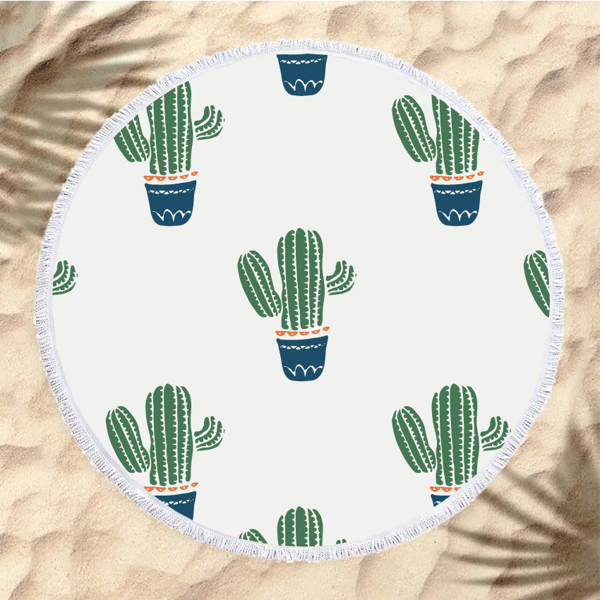 Hot sale high quality travel microfiber cactus 150cm round beach towel with tassels