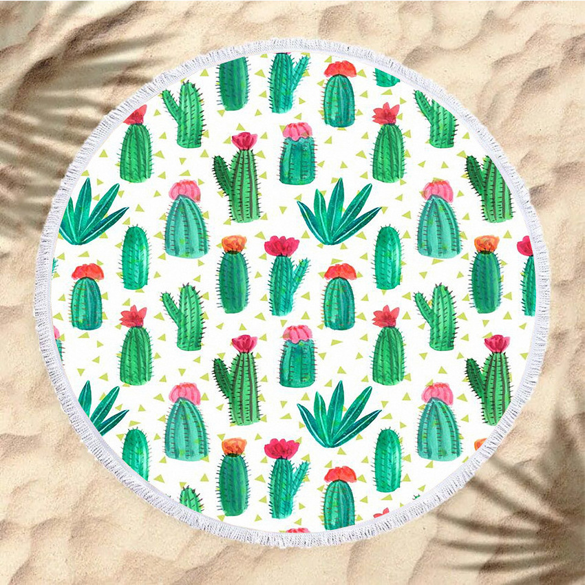 Hot sale high quality travel microfiber cactus 150cm round beach towel with tassels