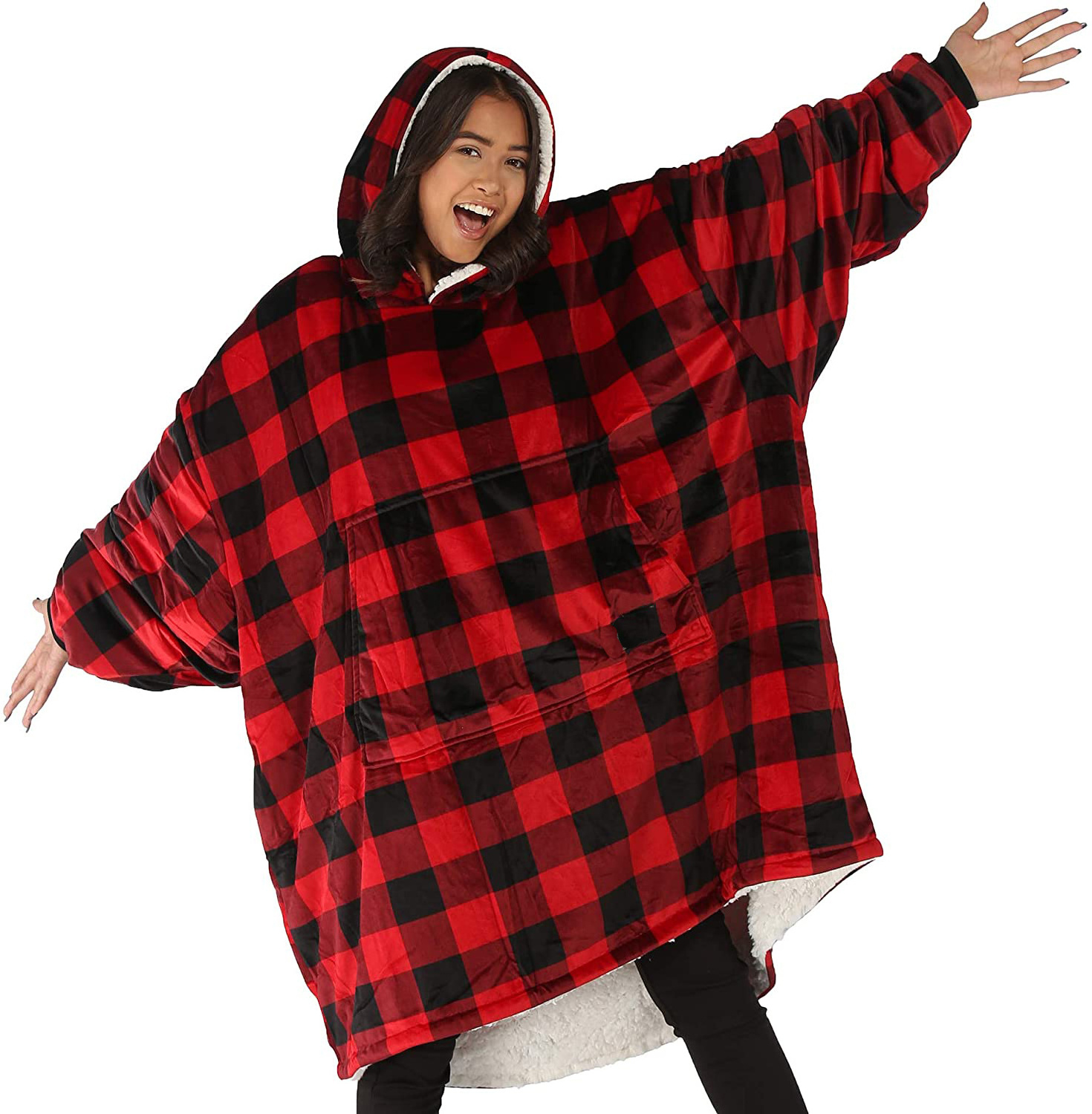 Red Plaid Hoodie Outdoor Warm Sweatshirt Ultra Plush Blanket Microfiber Fleece Sherpa Sleeves Soft Christmas Wearable Blanket