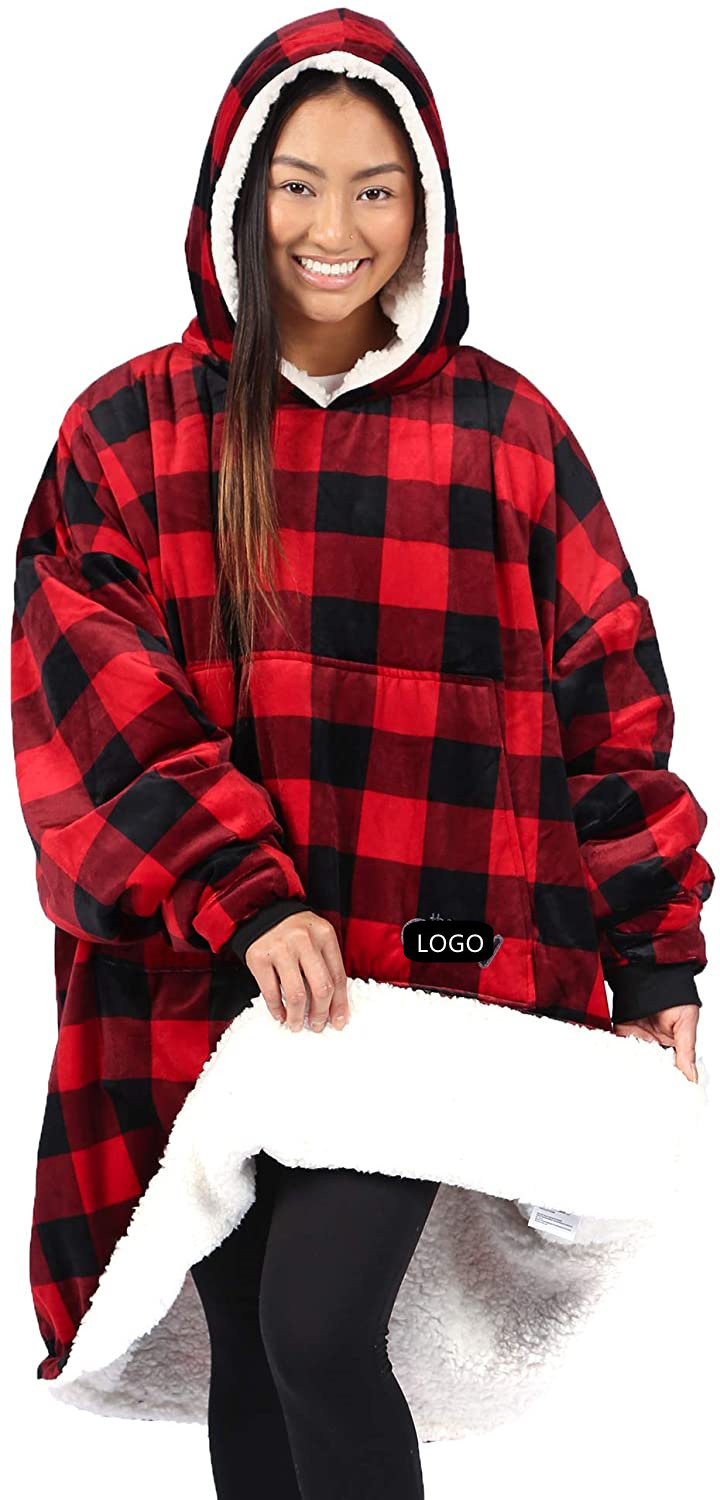 Red Plaid Hoodie Outdoor Warm Sweatshirt Ultra Plush Blanket Microfiber Fleece Sherpa Sleeves Soft Christmas Wearable Blanket