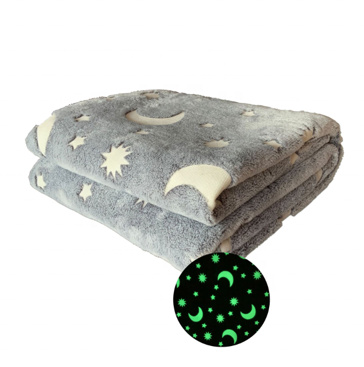 New Wholesale Cheap Price Moon and Stars  Custom Printing Design High Quality Glow in the Dark Flannel Fleece Blanket