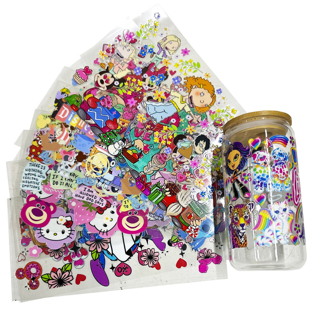 Discount Price Wholesale Ready To Ship Cartoon Transfer Logo Sticker Vinyl UV DTF Cup Wrap Transfers 16oz For Glass Cups