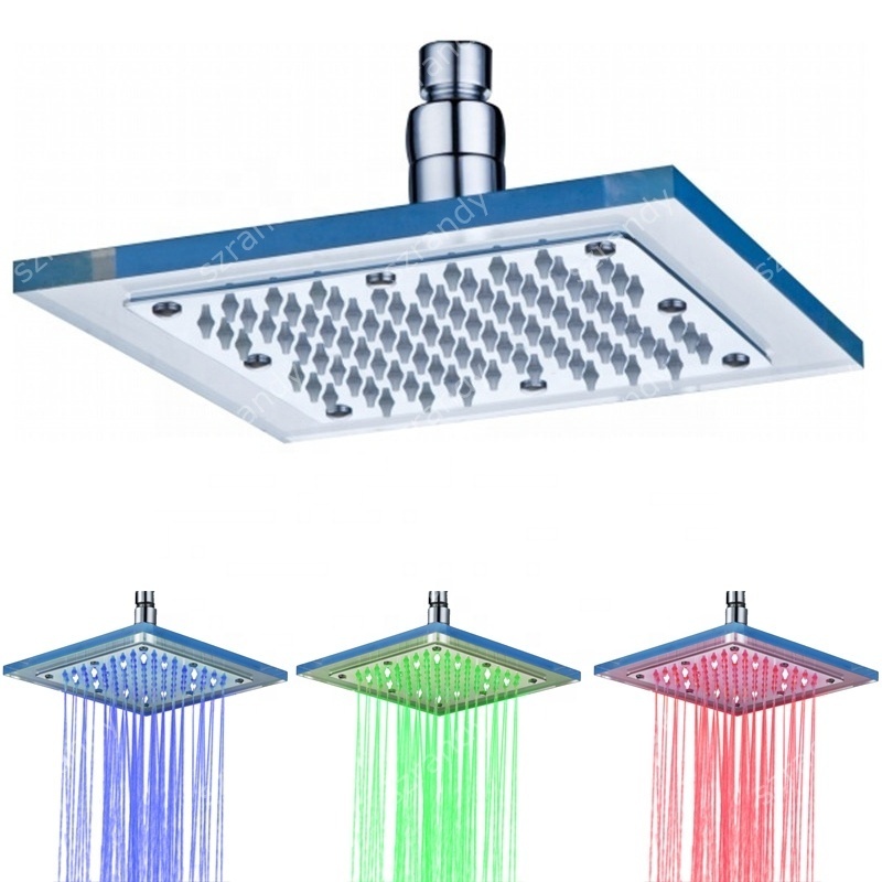 Temperature detectable light 8 inch glass led rustproof shower head(Blue-Pink-Red)