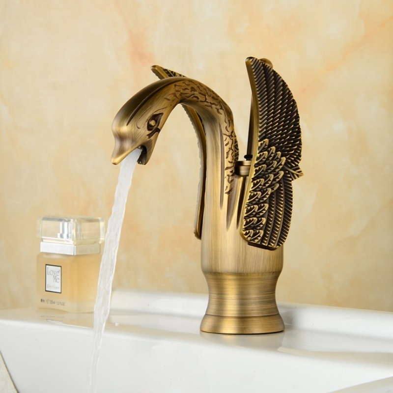 Soild Copper Gold Finish Bathroom Faucet Luxury Golden Swan Shape Basin Tap