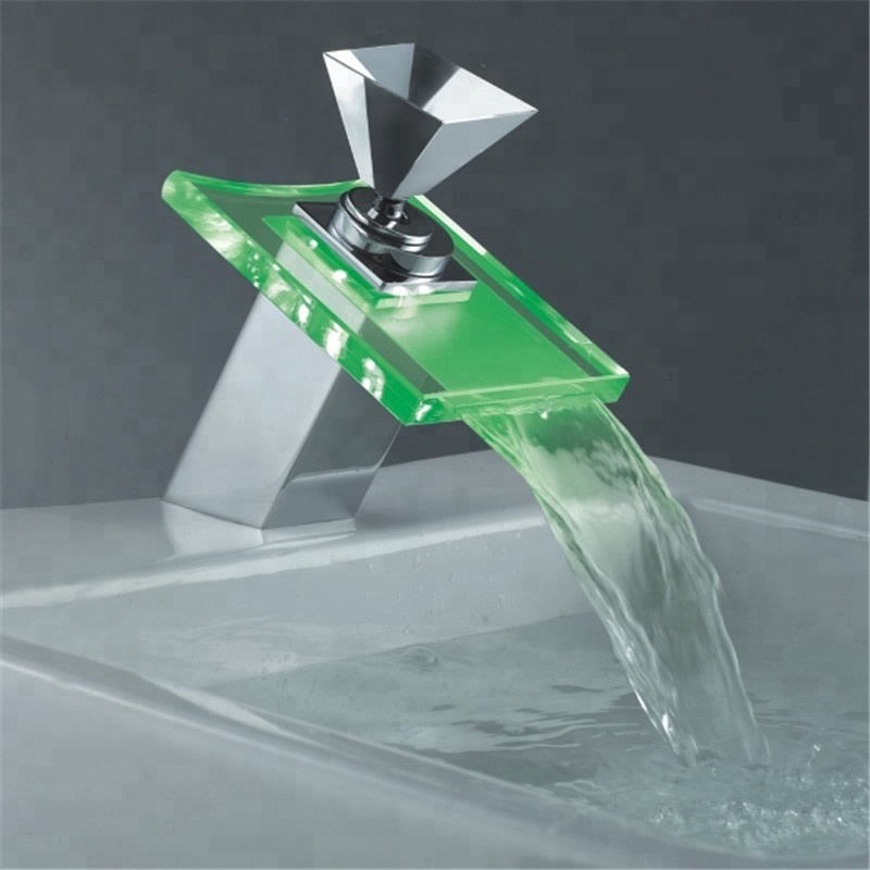 Bathroom Sink Faucet LED Light 3 Colors Changing Waterfall Glass Spout Hot Cold Water Mixer Color Waterfall Bathtub Price