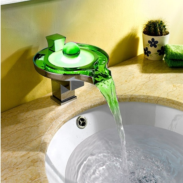 Hot and Cold Single Handle Bathroom Basin Mixer Tap Faucet Glass Basin Faucet Color Changing LED Tub Waterfall Faucet