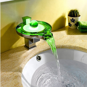 Hot and Cold Single Handle Bathroom Basin Mixer Tap Faucet Glass Basin Faucet Color Changing LED Tub Waterfall Faucet