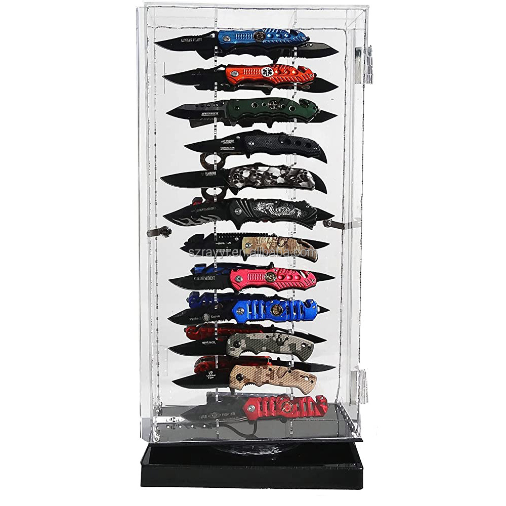 RAY YI Custom Logo Transparent Counter Rotating Acrylic Knife Display Case For Knife Display Stand