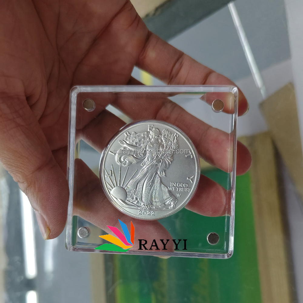 RAY YI  Custom super strong magnetic handmade transparent rectangle acrylic display coin protective box