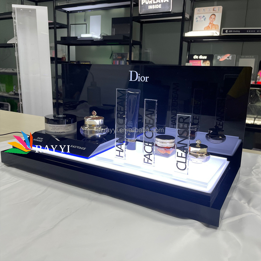 RAY YI Custom Design Black Acrylic Makeup Organizer Display Stand Cosmetic Perfume Display Counter With LED Lights