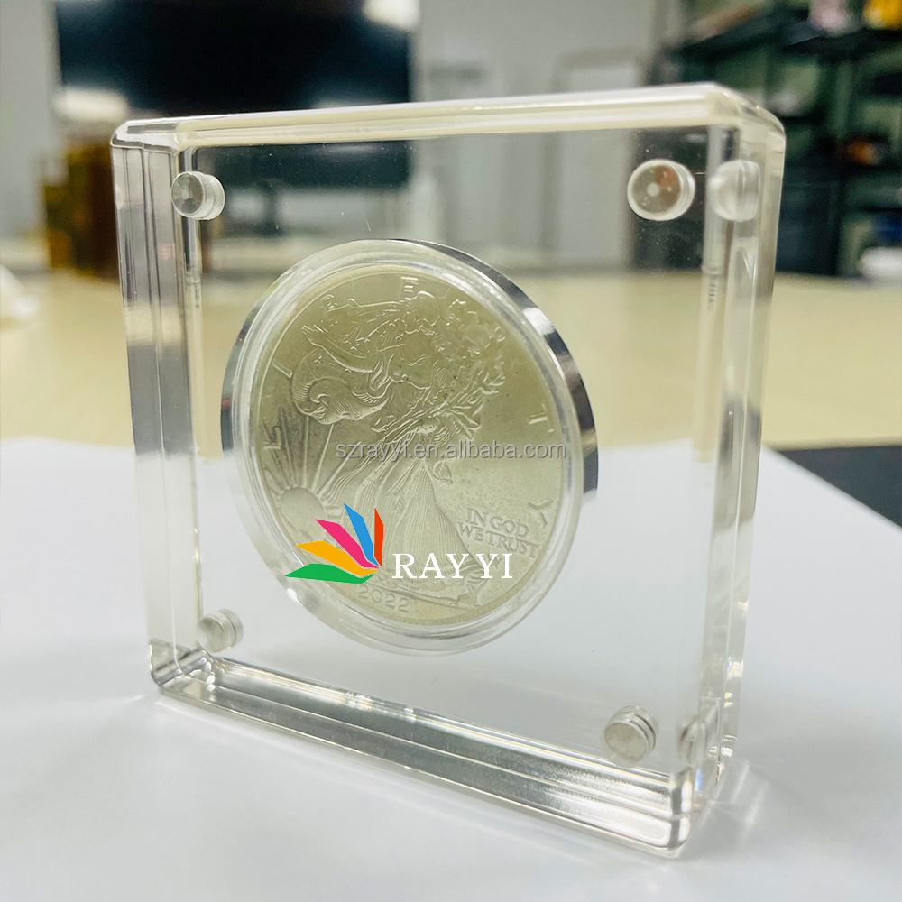 RAY YI  Custom super strong magnetic handmade transparent rectangle acrylic display coin protective box