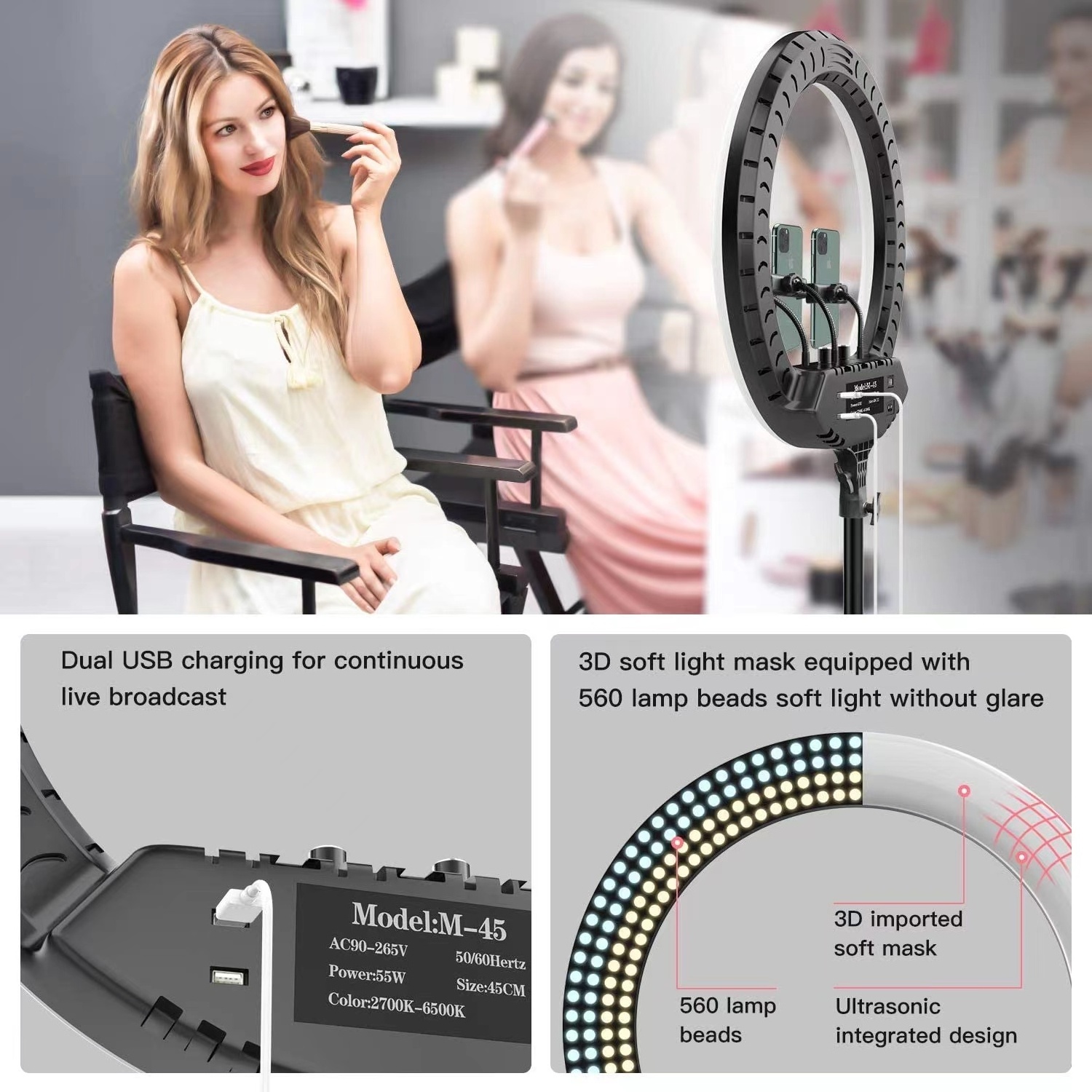 14 inch  three light model  Desktop Ring Fill Light LED Selfie make up Ring live Light with Desktop Stand Cellphone Tripod