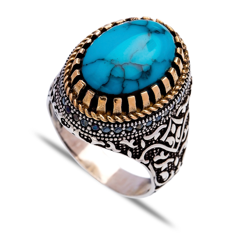 Silver 925 Men's Ring Authentic Turquoise Gemstone Oval Ring Ottoman Style Silver Men Ring Jewelry