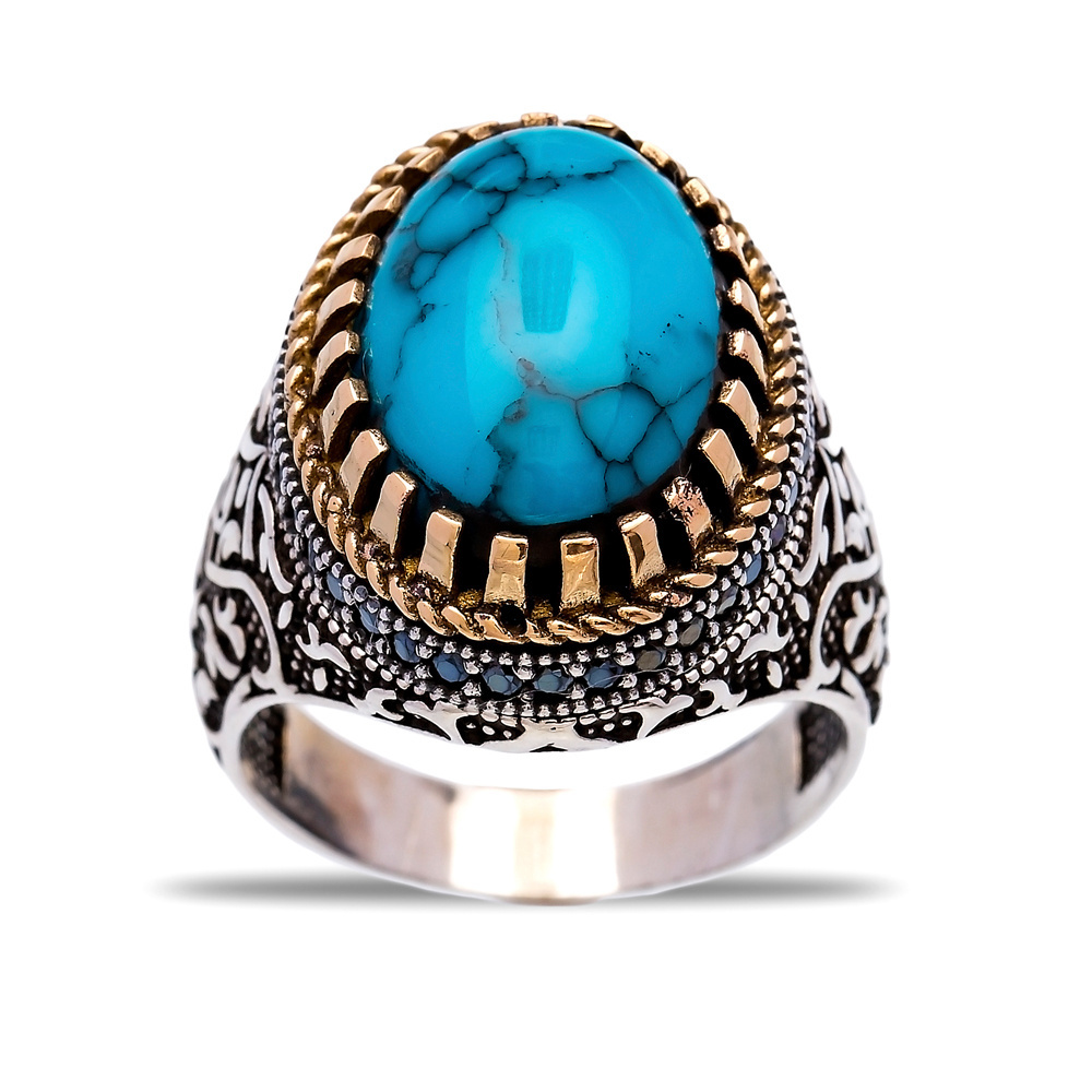 Silver 925 Men's Ring Authentic Turquoise Gemstone Oval Ring Ottoman Style Silver Men Ring Jewelry