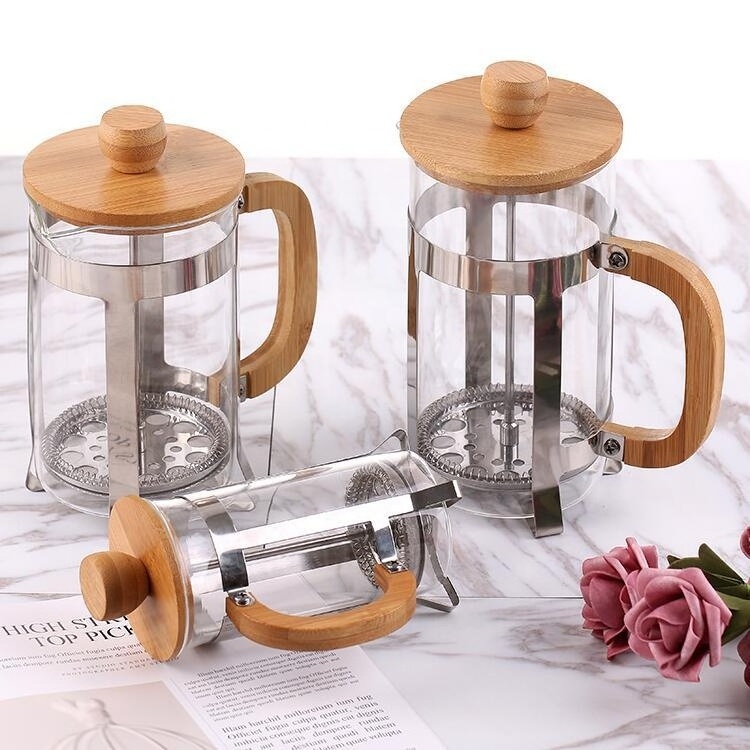 Wholesale 350ml/600ml/ 800ml  Bamboo Wooden Handle Borosilicate Glass French coffee press