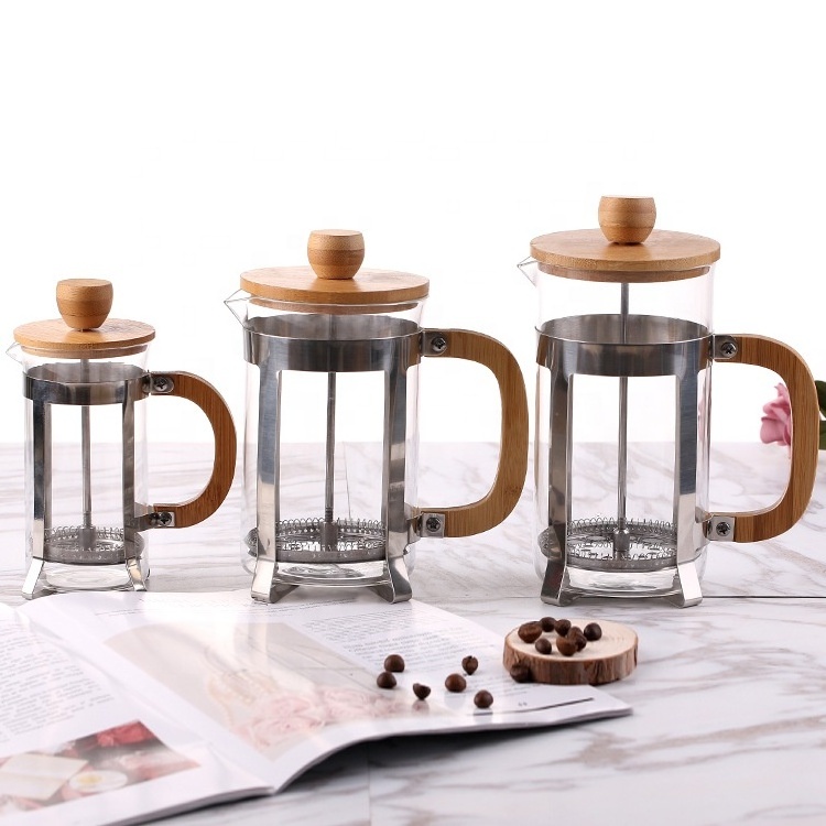 Wholesale 350ml/600ml/ 800ml  Bamboo Wooden Handle Borosilicate Glass French coffee press