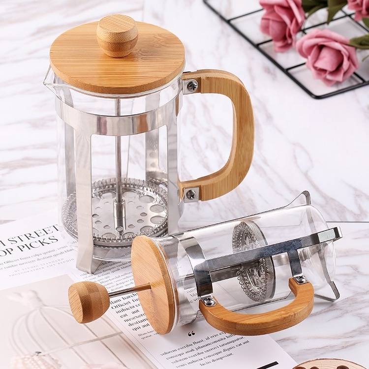 Wholesale 350ml/600ml/ 800ml  Bamboo Wooden Handle Borosilicate Glass French coffee press