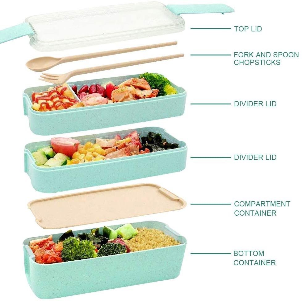 Wheat Straw  3-In-1 Compartment Bento Lunch Box Leakproof Eco-Friendly Food Meal Prep Containers