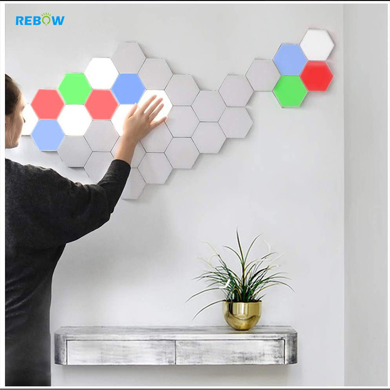 Rebow drop shipping stock wall mounted magnetic honeycomb quantum white touch DIY led night hexagonal lights