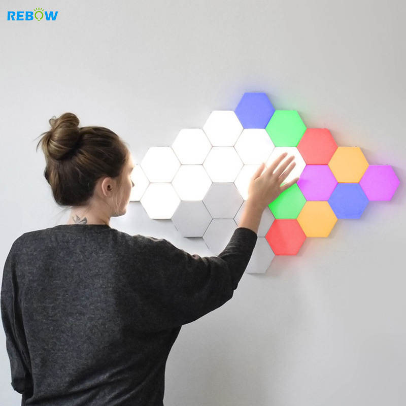 Rebow drop shipping DIY RGB 3d touch magnetic modern remote honeycomb led night light hexagonal light