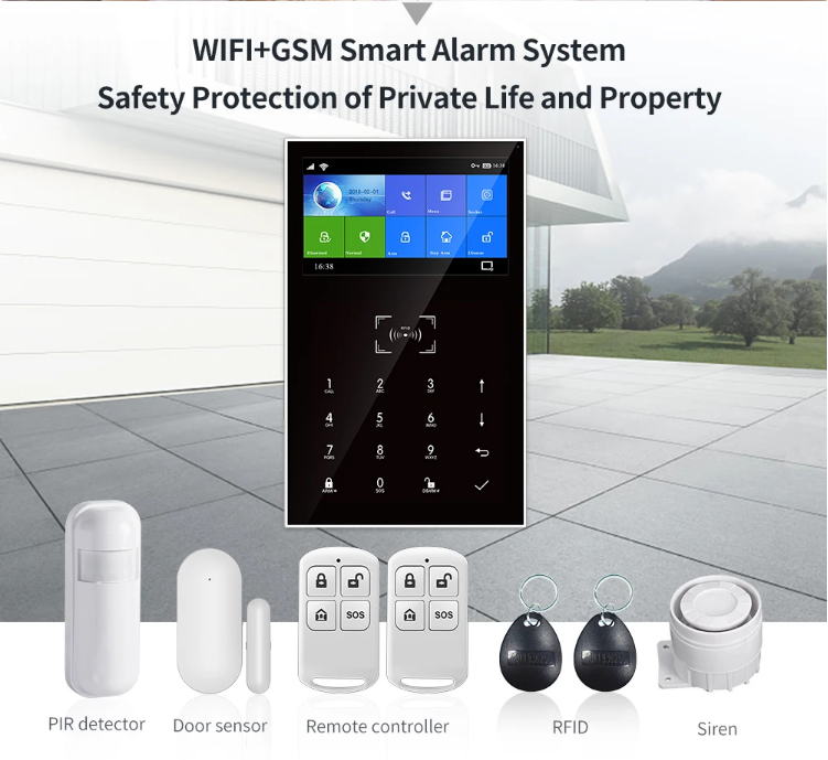 Tuya 4.3 Full Touch Keyboard Screen Wifi 2G Gsm Smart Alarm System For House Home Security with Pir Detector Door Sensor