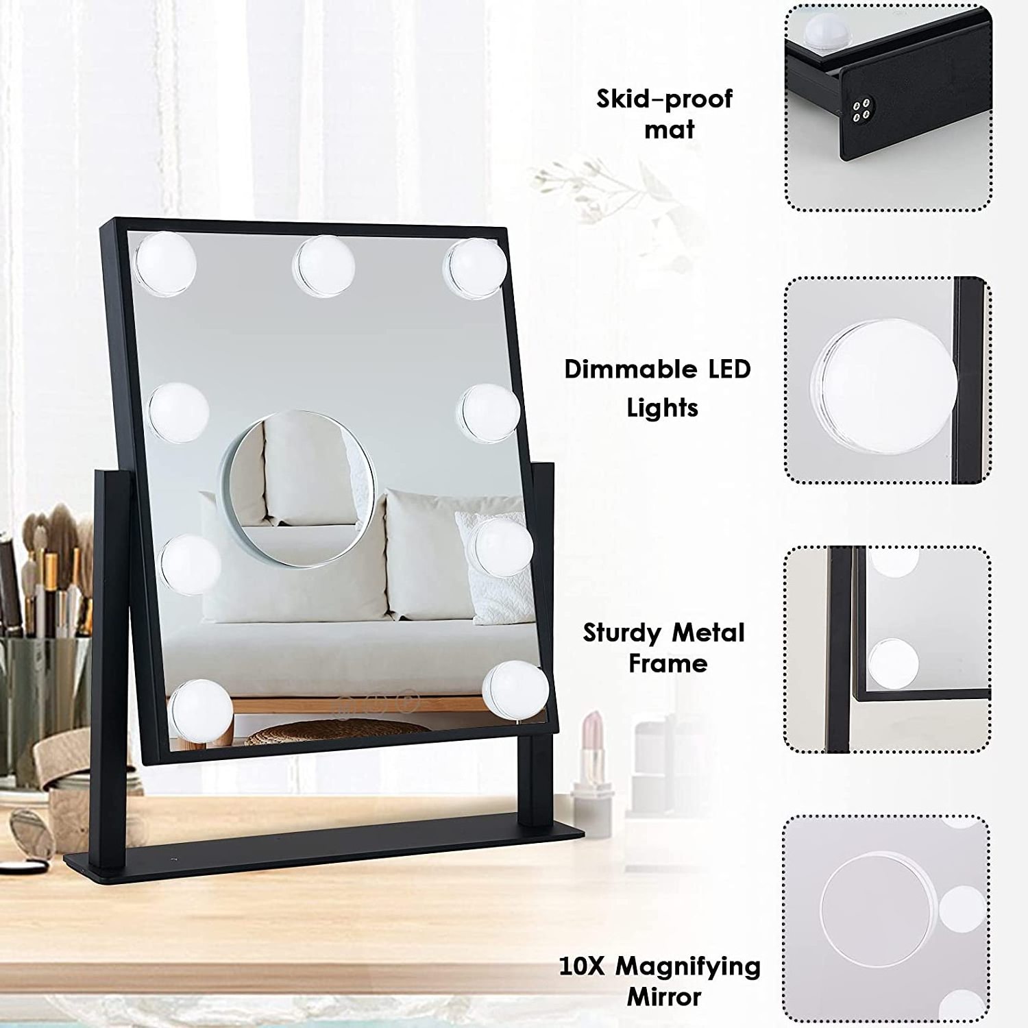 Lighted Makeup Mirror Hollywood Vanity Mirror with Lights, Touch Control Design 3 Colors Dimmable LED Bulbs 360 degree Rotation