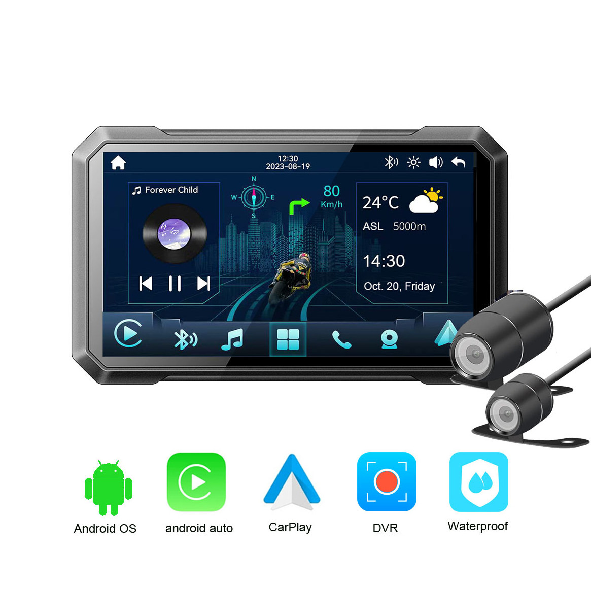 New Android OS 7-inch IP66 Waterproof Wireless Universal Multimedia Apple CarPlay Camera Motorcycle GPS