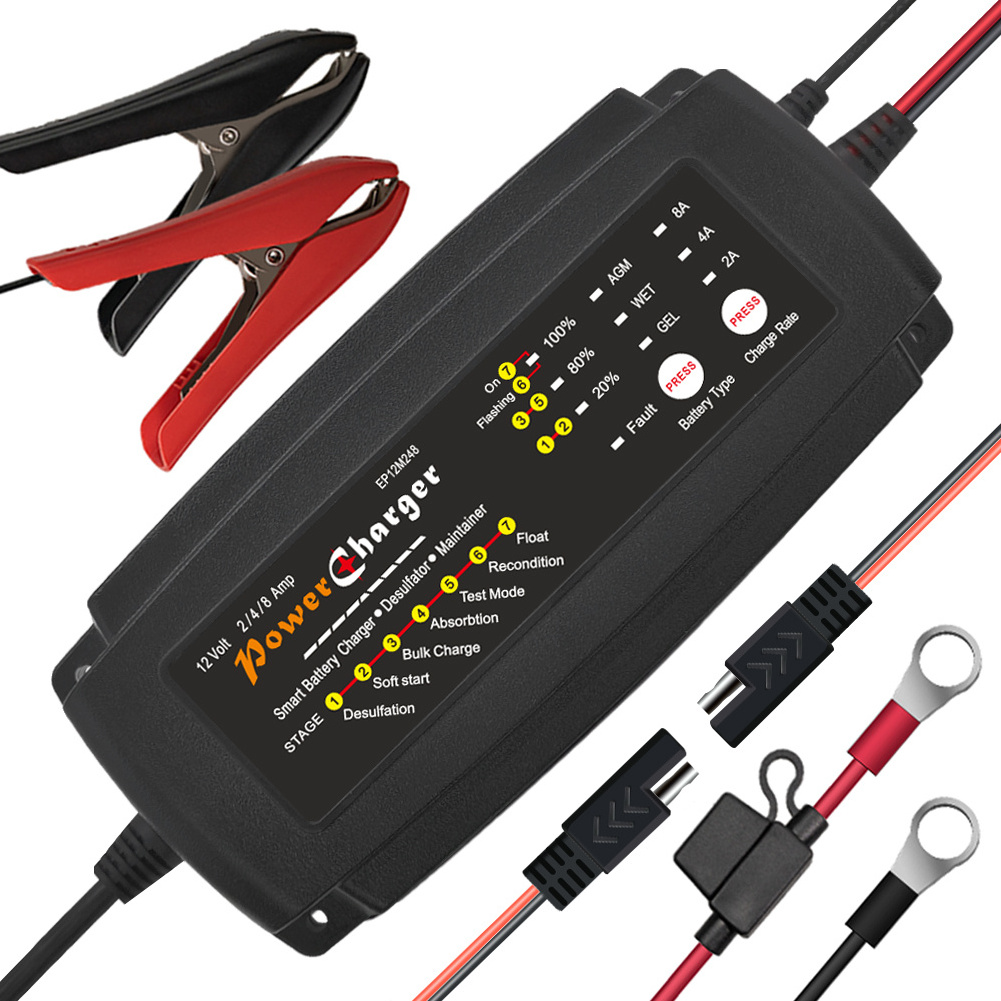 7 stages smart battery charger 12V 2A 4A 8A AGM GEL SLA car motorcycle automatic battery charger