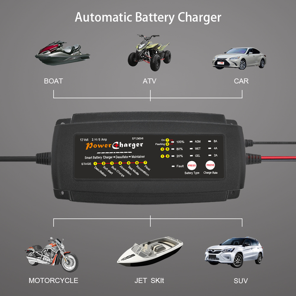 7 stages smart battery charger 12V 2A 4A 8A AGM GEL SLA car motorcycle automatic battery charger