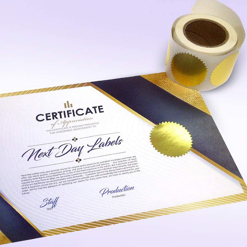 Custom Gold Metallic Certificate Sealing Labels Awards Legal Gold Foil Embossing Wafers 3D Metal Embossing Stickers