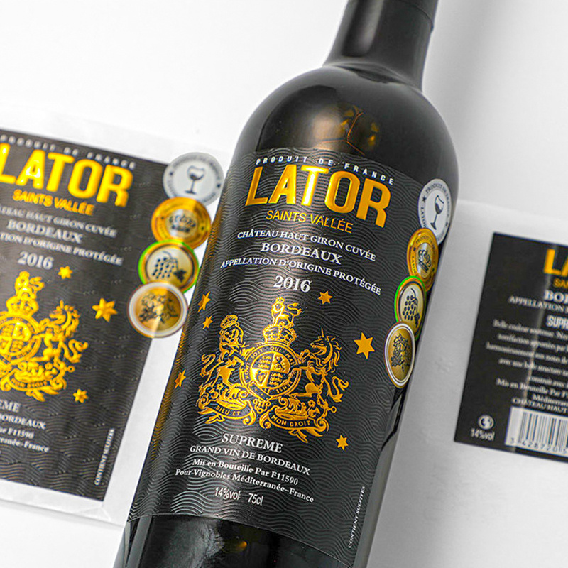 Custom Luxury UV Spot Wine Label Sticker Self Adhesive Logo Private Print Textured Paper Embossed Bottle Gold Foil 3D Wine Label