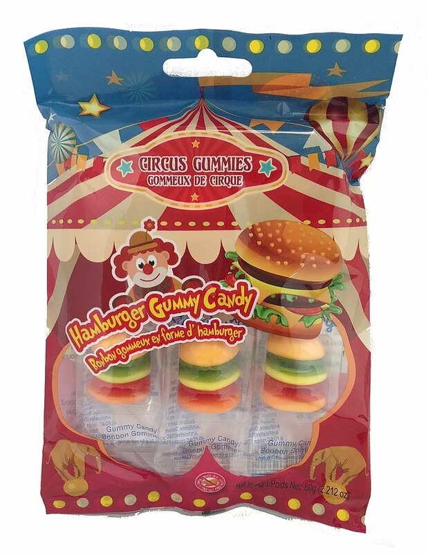 Wholesale Freeze Dried Hamburger Gummies Candy Sweet And Fruity Flavor Cartoon Shape Food Packaging