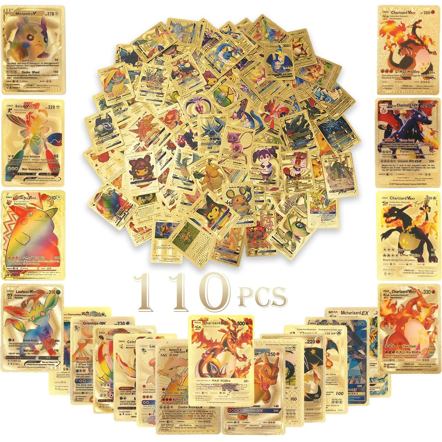 110PCS English Pokemon Gold Card Pack Vmax V GX EX DX Box Charizard Pikachu TAG COSPLAY Rare Collection Battle Cards