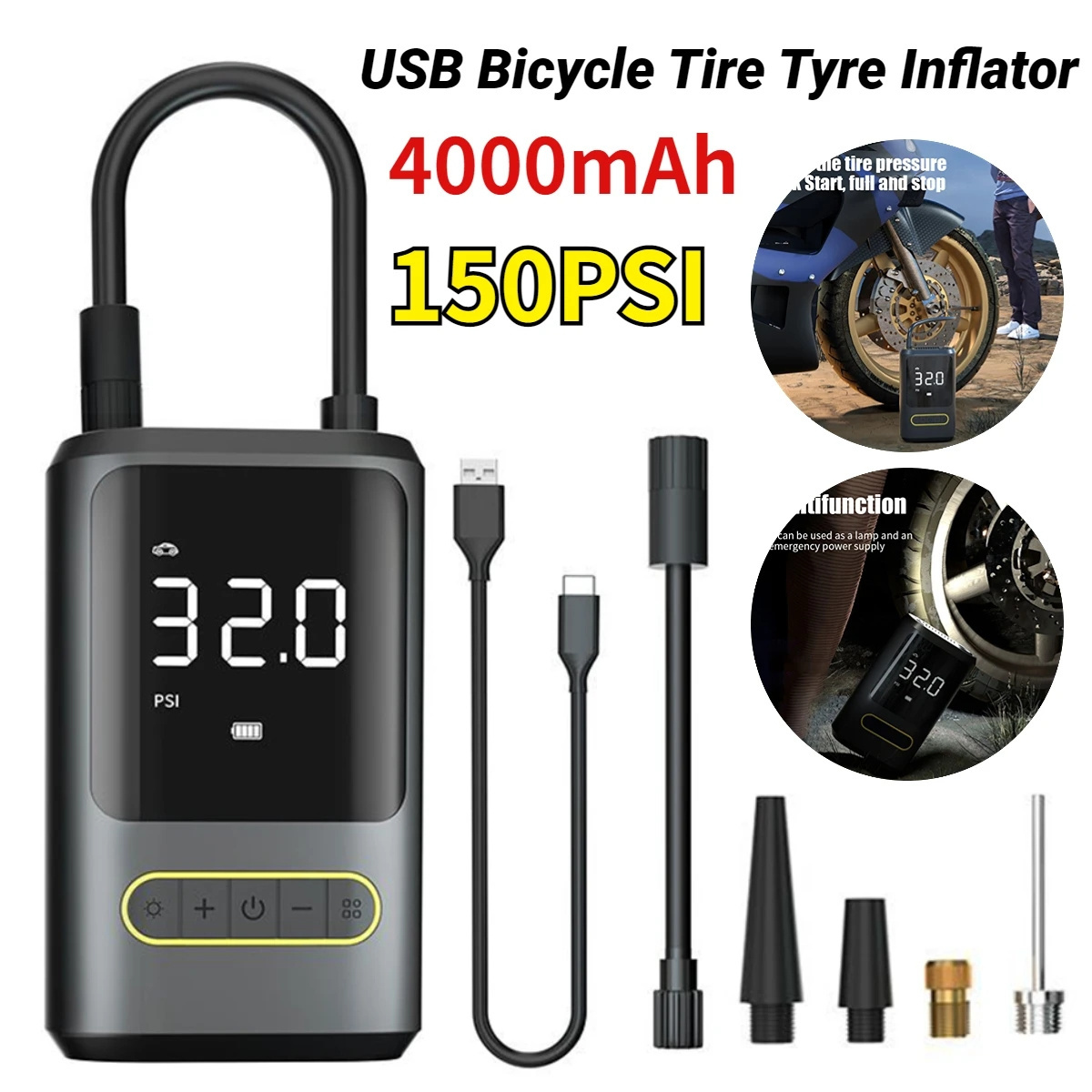 Portable Wireless Automatic Tire Inflator 150Psi Electric Car Air Pump with LED