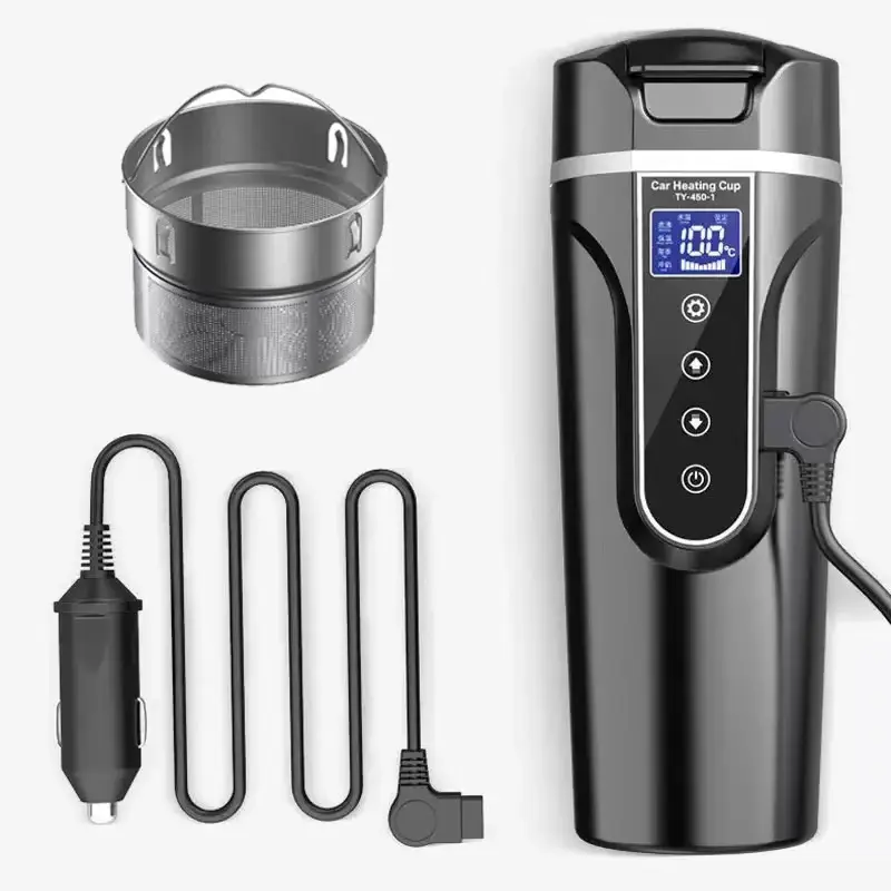 12V Car Travel Electric Kettle Car Heating Mug with Anti-Spill Lid Temperature Control Kettle for Tea/Milk