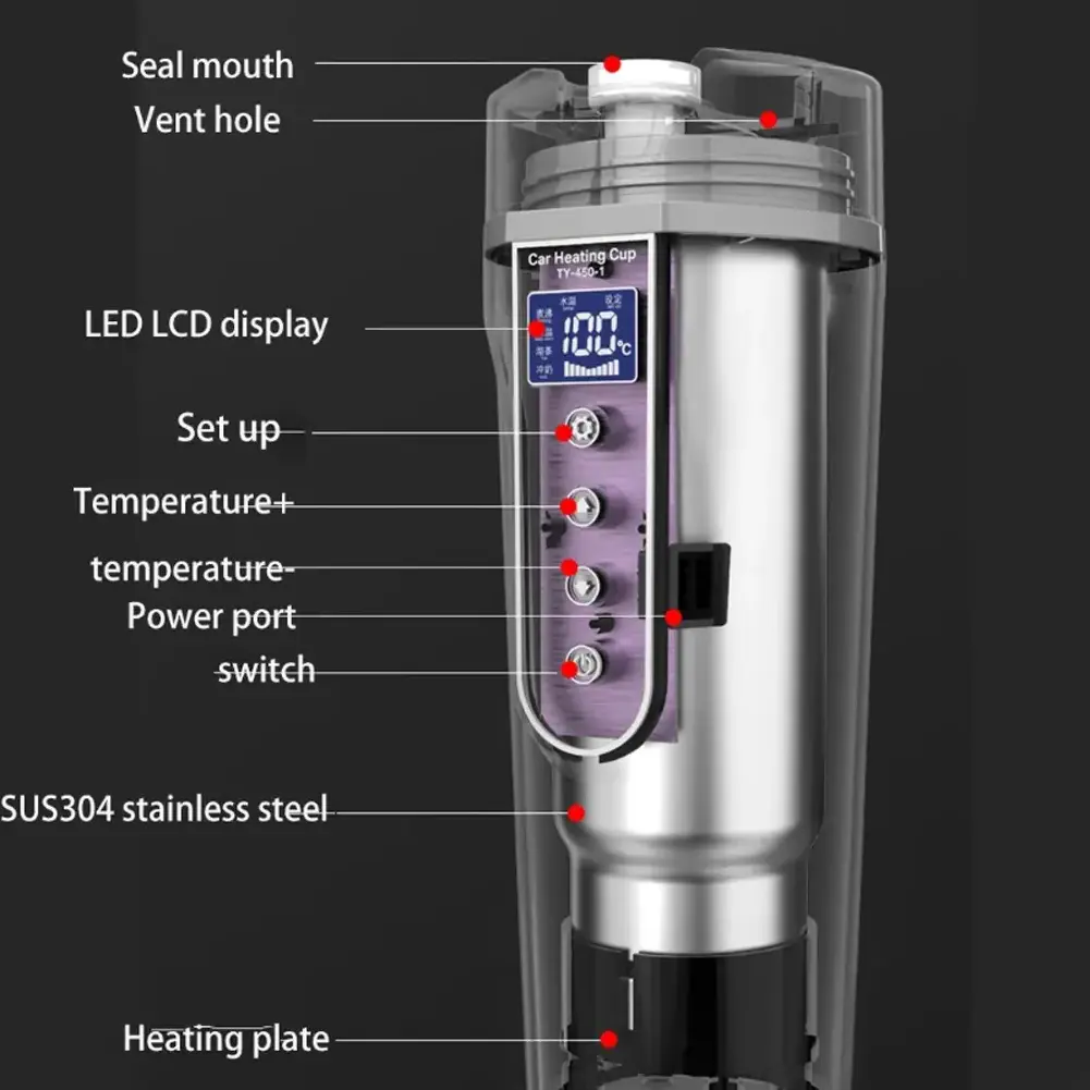 12v 24v Electric temperature Control Kettle Stainless Steel self Heating Coffee thermal Cup Travel tumbler thermo