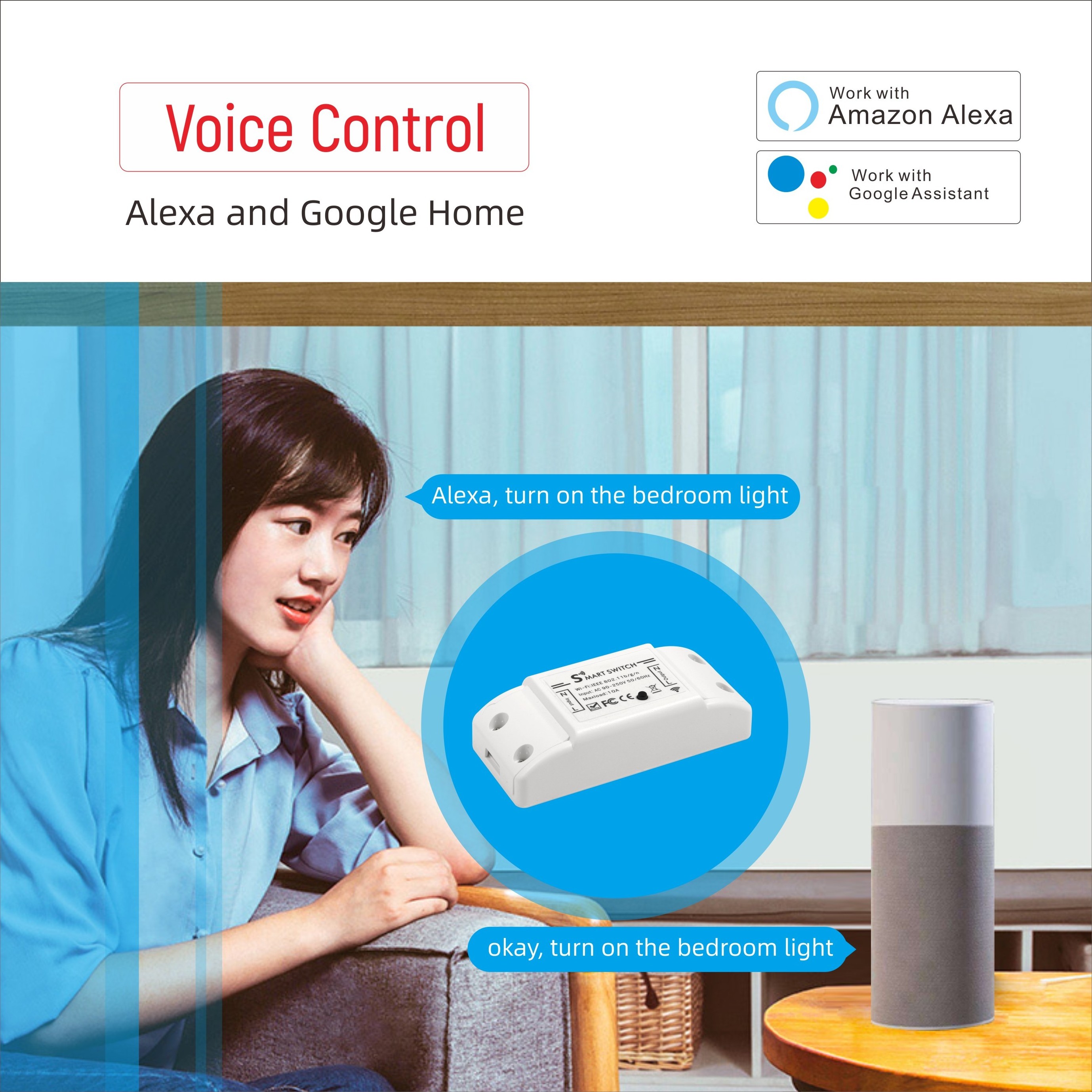 Intelligent Alexa Google Assistant Voice Control Electric Wireless Relay Smart WiFi Light Switch with Tuya Module Remote Control