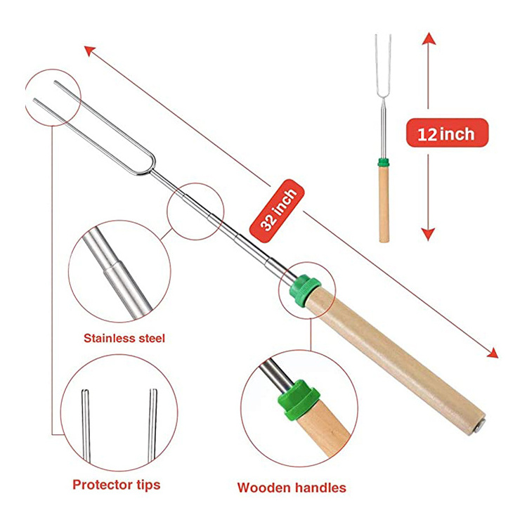 Wood Handle 8pcs BBQ Fork Set 32 Inches Stainless Steel Telescopic Campfire Fork Grill Skewer Marshmallow Roasting Sticks