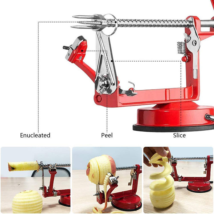 Red Hand-cranking Fruit Vegetable Peeler Stainless Steel 3 in 1 Apple Peeler Slicer Corer