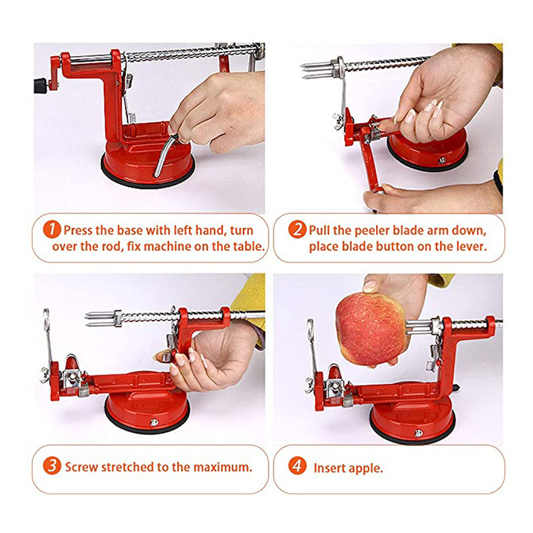 Red Hand-cranking Fruit Vegetable Peeler Stainless Steel 3 in 1 Apple Peeler Slicer Corer