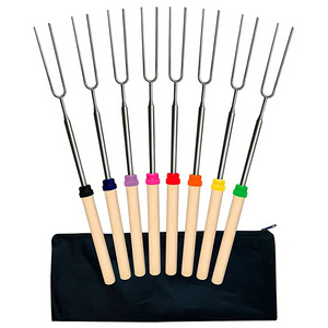 Wood Handle 8pcs BBQ Fork Set 32 Inches Stainless Steel Telescopic Campfire Fork Grill Skewer Marshmallow Roasting Sticks