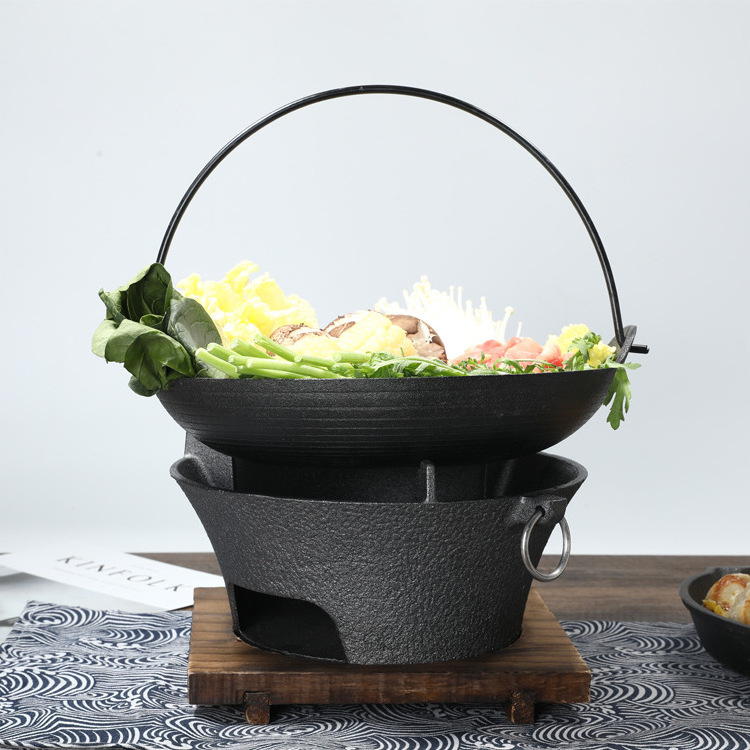 BBQ Picnic Camping Charcoal Stove Grill Japanese Style Shabu Hot Pot Cast Iron Sukiyaki Tetsu Nabe Pot with Wooden Lid