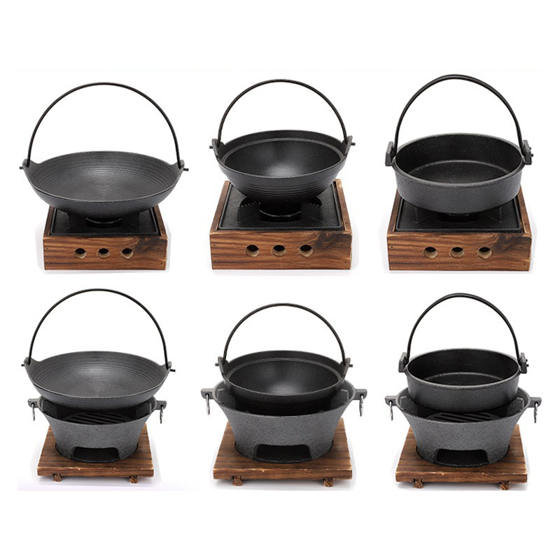 BBQ Picnic Camping Charcoal Stove Grill Japanese Style Shabu Hot Pot Cast Iron Sukiyaki Tetsu Nabe Pot with Wooden Lid