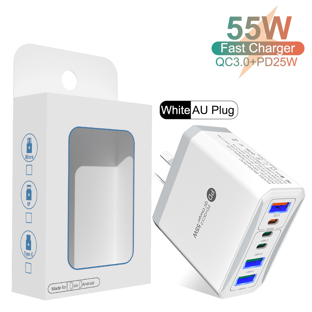 New Original 55W PD Fast Charger Adapter US AU UK EU 6 Port Multiple Output Adapter Mobile Phone Travel Wall Charger