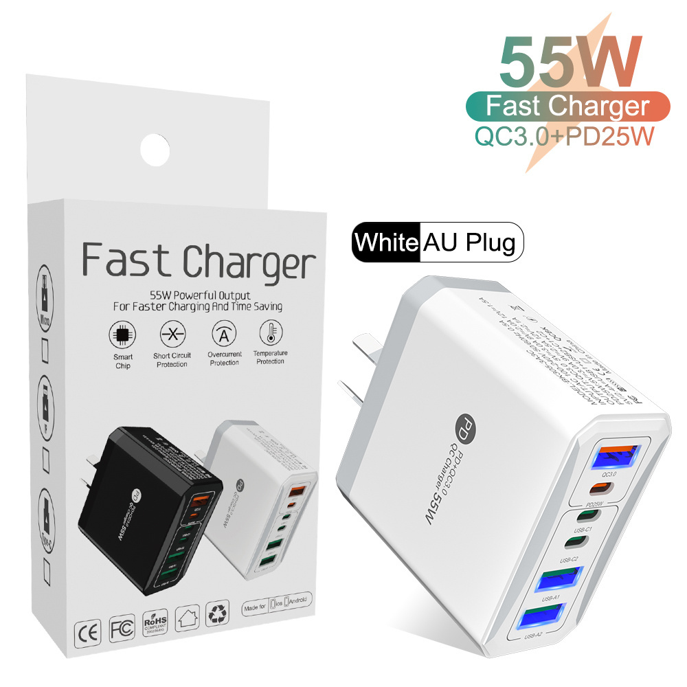 New Original 55W PD Fast Charger Adapter US AU UK EU 6 Port Multiple Output Adapter Mobile Phone Travel Wall Charger